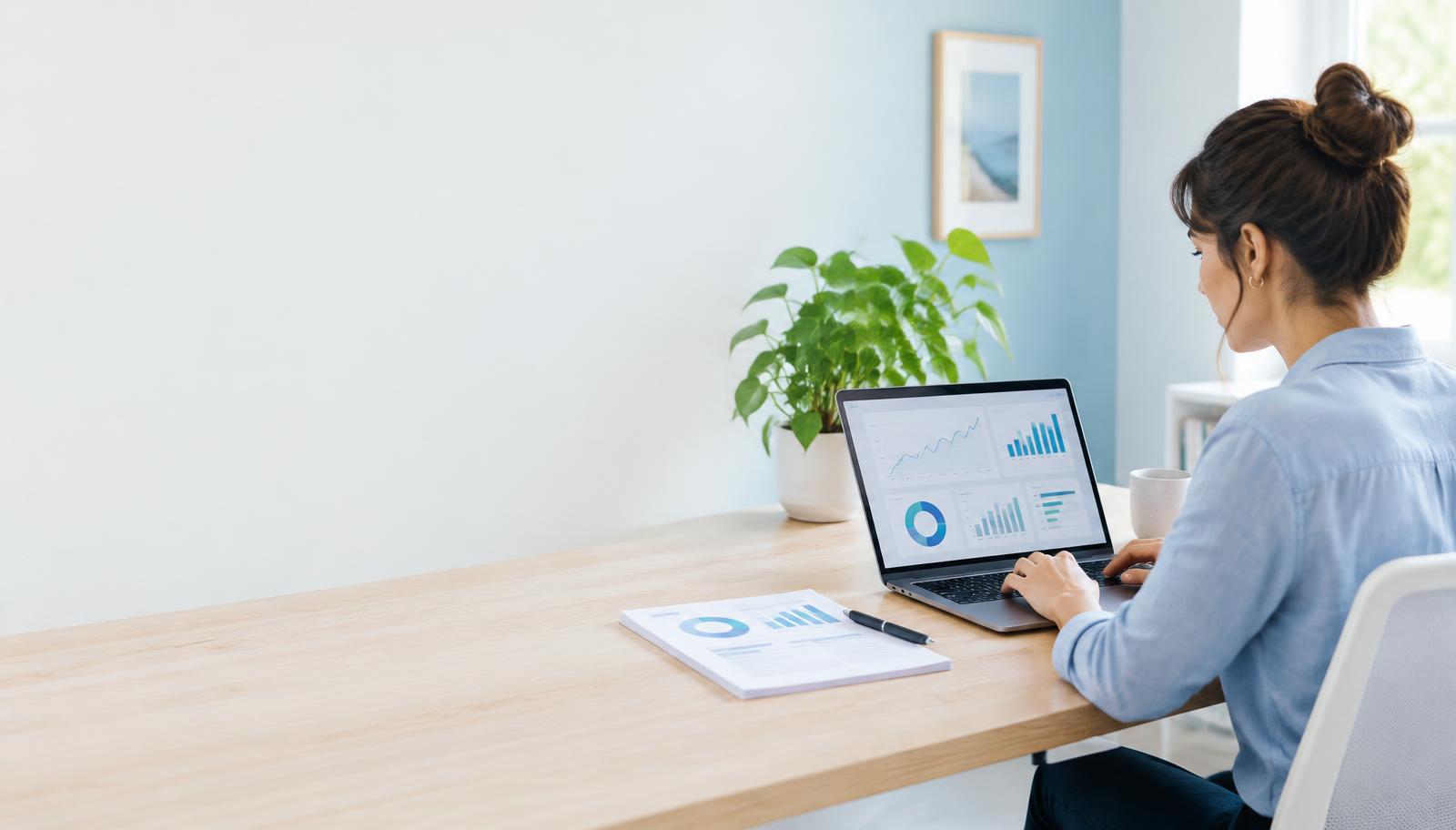Freelance consultant reviewing analytics and a printed client report